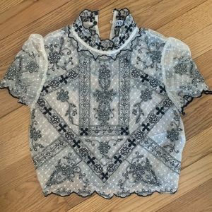 Zara embroidered lace short sleeve crop blouse